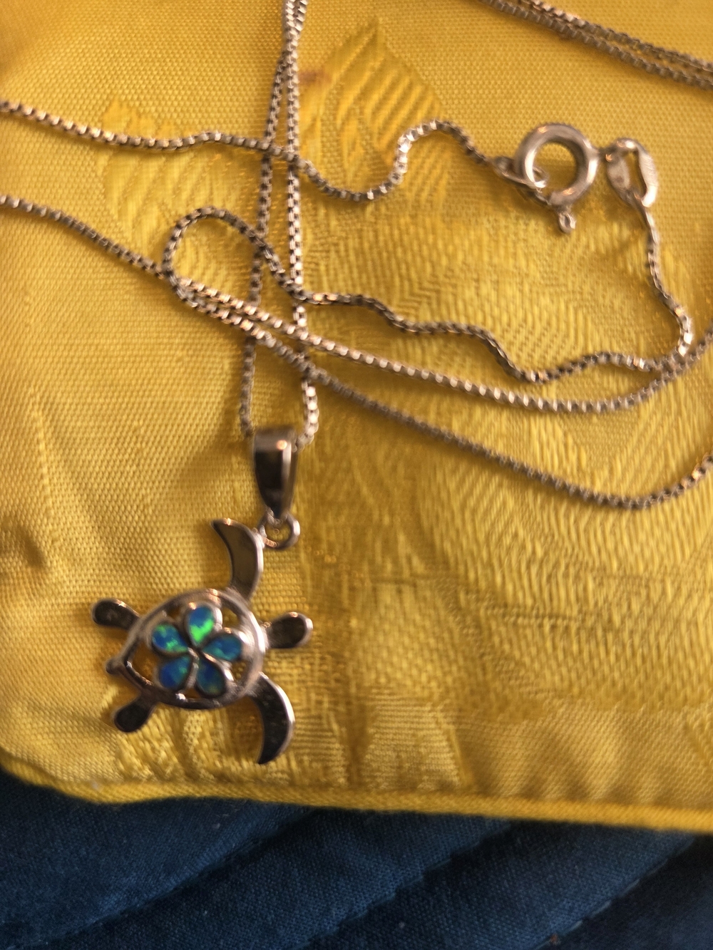 Sterling Silver Turtle Pendant Necklace with Blue-Green Opal Inlay